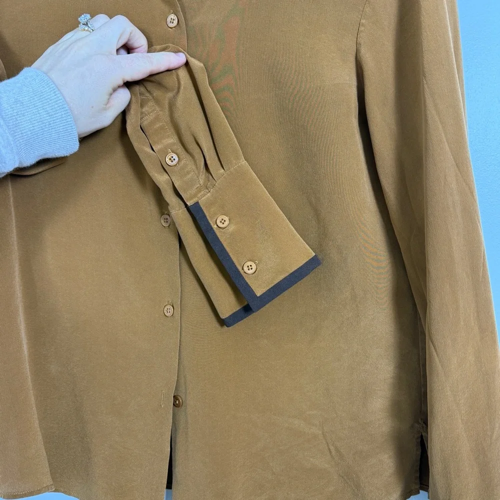 LilySilk 100% Mulberry Silk Blouse Caramel Button Down Contrast Collar S - Picture 4 of 7